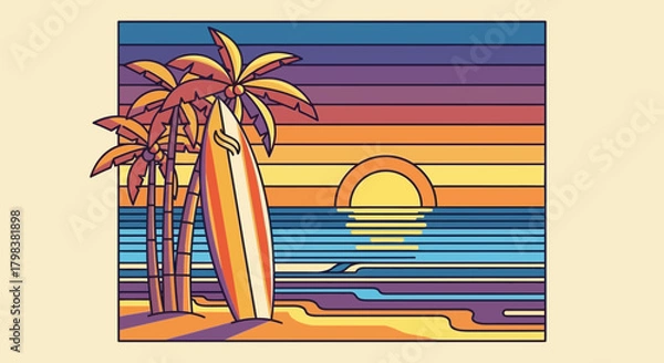 Fototapeta Stylized tropical beach landscape illustration with surfboard and palms