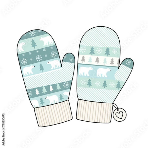 Fototapeta A pair of cozy winter mittens with a cute polar bear and pine tree pattern in blue and white colors.