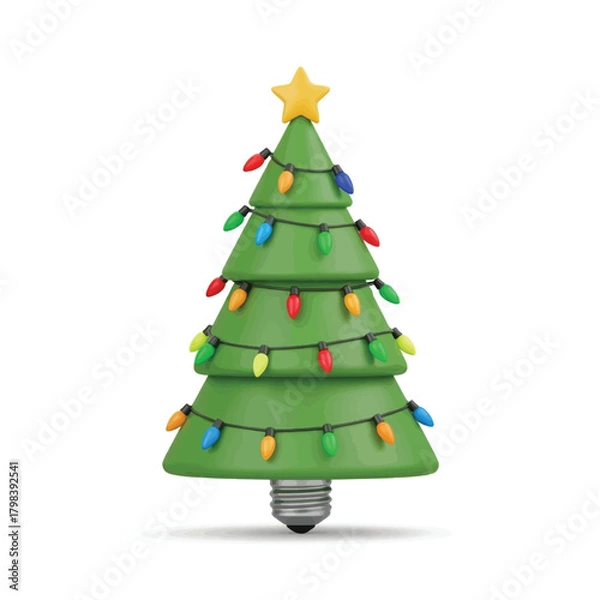 Obraz A festive 3D rendered illustration of a green Christmas tree adorned with colorful lights, sitting on a light bulb base, against a white background.
