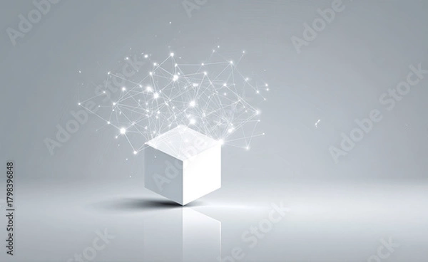 Fototapeta White cube with glowing network connections