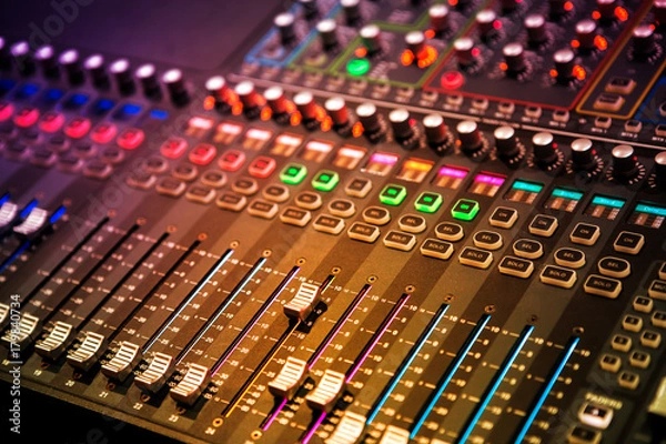 Fototapeta Professional sound and audio mixer control panel with buttons and sliders