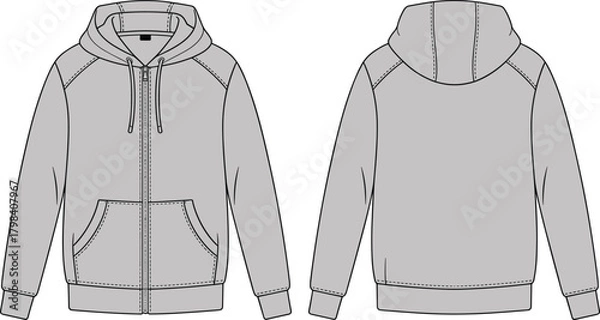 Obraz Hooded sweatshirt front and back view, full zipper, kangaroo pocket, raglan sleeves, drawstring hood, fashion sketch, garment template, apparel design, illustration