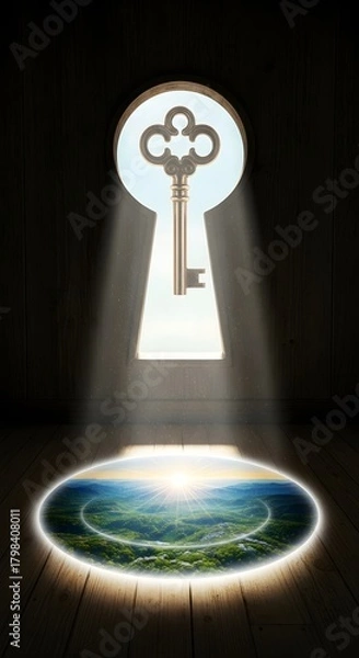 Fototapeta A mysterious key is seen through a keyhole with sunlight illuminating a vibrant Earth landscape on the floor, symbolizing access to global knowledge or secrets