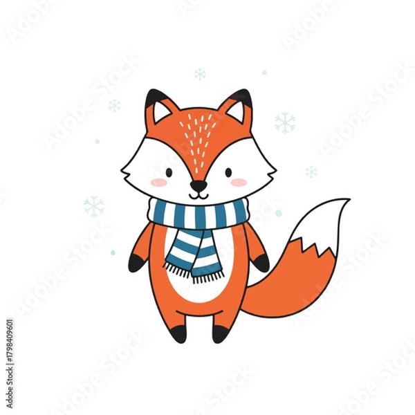 Fototapeta Cute cartoon fox wearing a blue and white striped scarf with snowflakes in the background, standing upright.