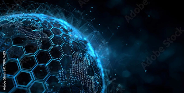 Fototapeta Digital Globe: Hexagon Network, Blue Hues