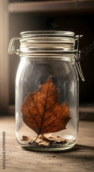 Fototapeta A dried autumn leaf inside a glass jar with a metal clasp, placed on a wooden surface with a blurred background, creating a cozy and rustic atmosphere