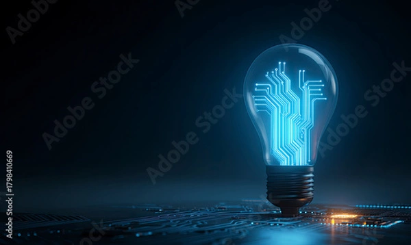 Fototapeta Futuristic glowing lightbulb digital circuit