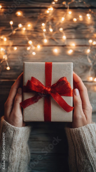 Fototapeta Hands holding wrapped gift box with red ribbon bow on wooden table with golden bokeh lights