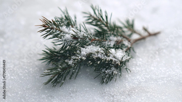 Fototapeta Frosted pine branch with snow on white surface creating winter seasonal background
