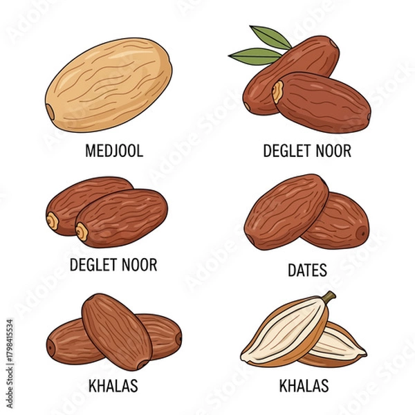 Fototapeta Different Types of Dates - Medjool, Deglet Noor, Khalas.