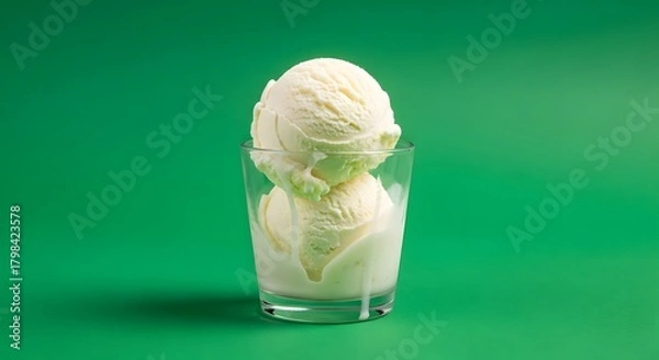 Fototapeta A clear glass filled with three scoops of vanilla ice cream placed against a vibrant green background showcasing a refreshing dessert presentation