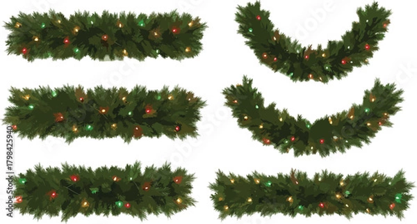 Obraz Festive evergreen garlands adorned with colorful twinkling lights, perfect for holiday decoration