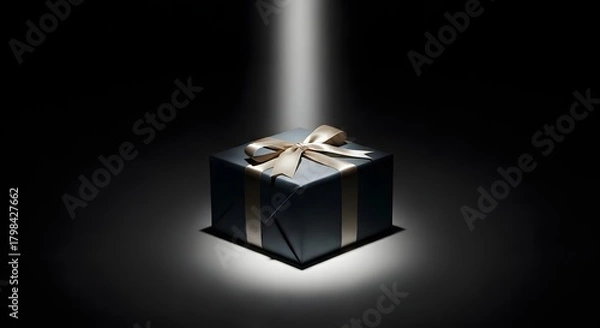 Obraz A beautifully wrapped gift box with a ribbon and bow, illuminated by a spotlight against a dark background, creating a sense of anticipation and celebration