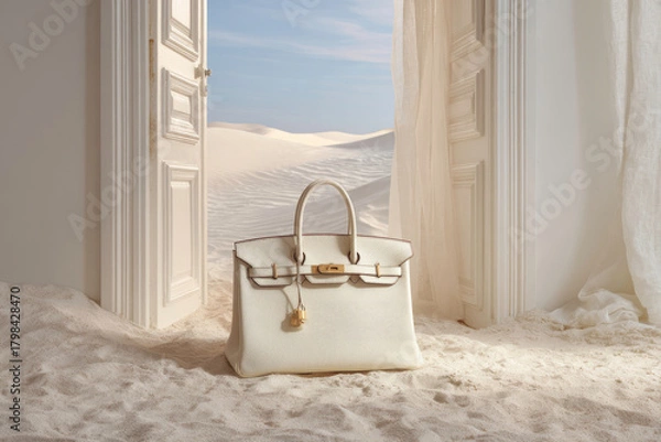 Fototapeta Elegant white handbag stands at an open doorway to a serene desert.