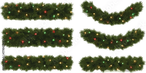 Obraz A vibrant collection of festive Christmas garlands featuring sparkling red, green, and golden lights, ideal for holiday season decorations, graphic design elements, and winter celebration themes
