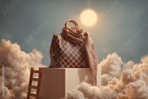 Obraz Stylish journey bag draped with scarf, elevated amidst a dreamy cloudy sky.