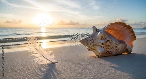 Fototapeta A seashell and feather resting on a sandy beach during sunset with gentle waves in the background
