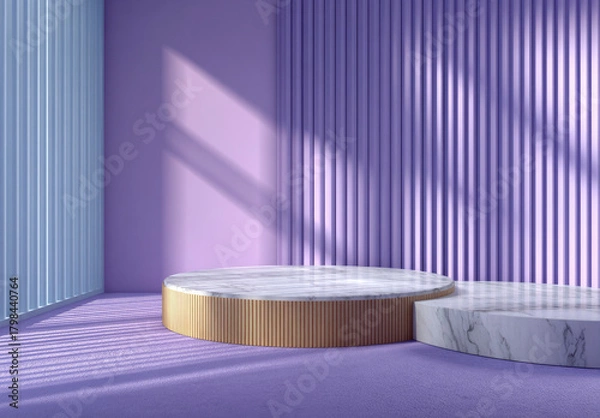 Fototapeta Modern marble podiums, soft purple room with subtle light and shadow play.