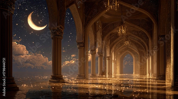 Obraz Opulent Archway Illuminated by Golden Light and Celestial Glow.