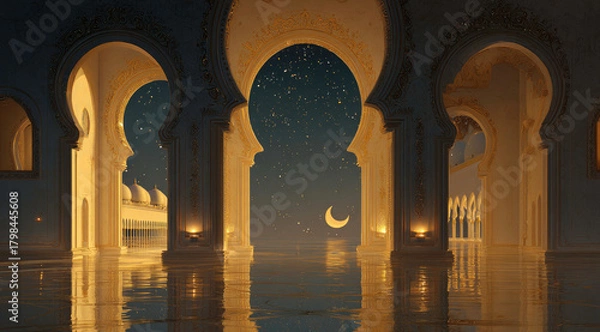 Obraz Golden arches reflect starlit night, crescent moon over grand architecture.