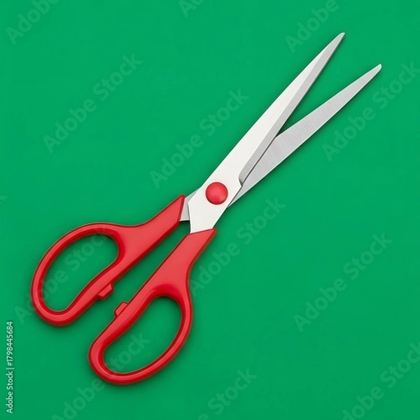 Fototapeta A pair of scissors with red handles and silver blades placed on a vibrant green background, symbolizing cutting, crafting, or editing activities