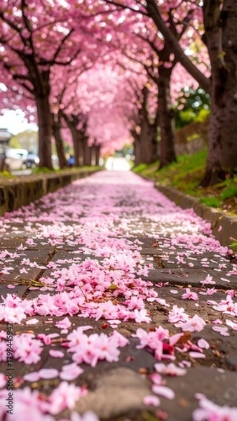 Fototapeta Pink Cherry Blossoms Line a Cobblestone Path