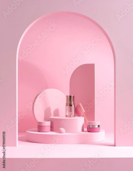 Fototapeta Pink cosmetic display with various containers