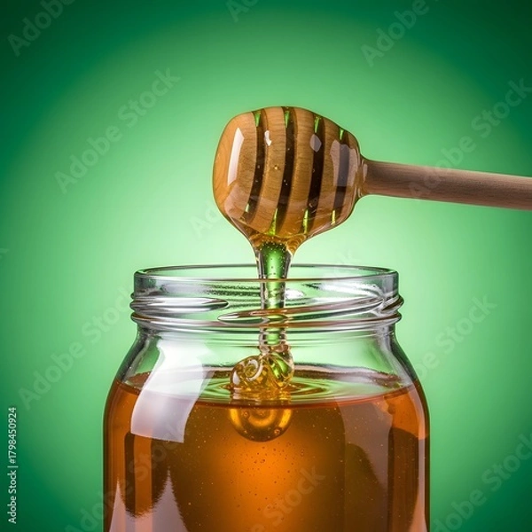 Fototapeta A close-up shot of golden honey being poured from a wooden honey dipper into a glass jar against a vibrant green background