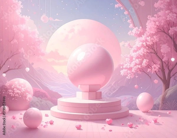 Fototapeta Pink, dreamy, 3D scene with a pedestal