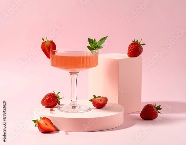 Fototapeta Pink drink with strawberries on a pastel background