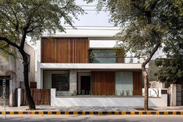 Fototapeta Modern residential building showcasing minimalist architecture with wooden slats, located in an urban neighborhood, surrounded by lush trees in broad daylight