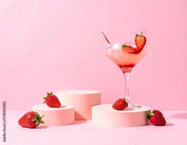 Fototapeta Pink drink with strawberries on podiums (1)
