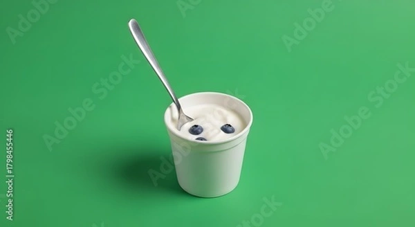 Obraz A white cup filled with creamy yogurt topped with fresh blueberries and a silver spoon on a vibrant green background