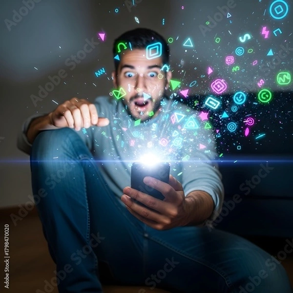Fototapeta A young man sitting on the floor using a smartphone with colorful digital icons and symbols floating around him, representing technology and social media engagement