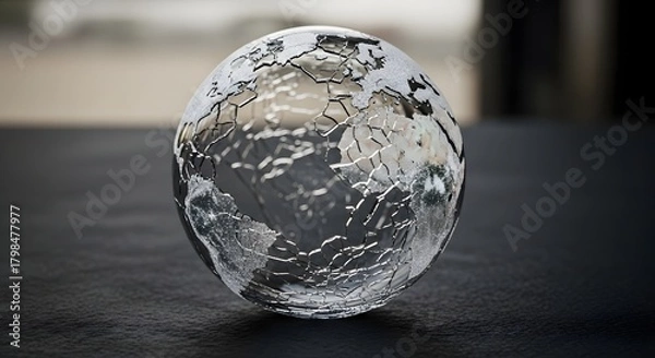 Obraz A cracked and weathered globe sculpture resting on a dark surface, symbolizing environmental issues and global challenges faced by the planet today