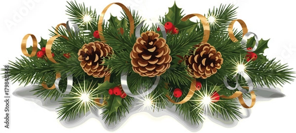 Obraz Elegant Christmas decoration with evergreen fir branches, pinecones, festive red berries, and sparkling gold and silver ribbons