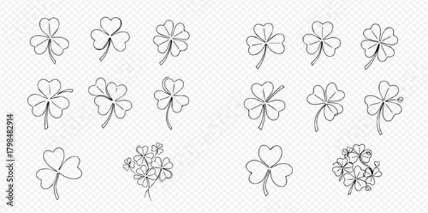 Obraz Collection of various hand-drawn clover and shamrock line art illustrations, featuring both three-leaf and four-leaf designs.