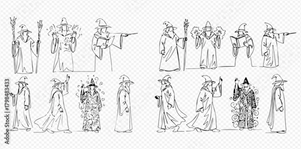 Obraz Collection of line art sketches depicting a wizard character in various magical poses, holding staff and casting spells.