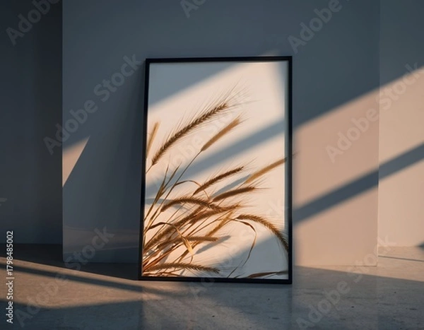 Obraz Minimalist framed pampas grass art print with warm sunlight and shadows.