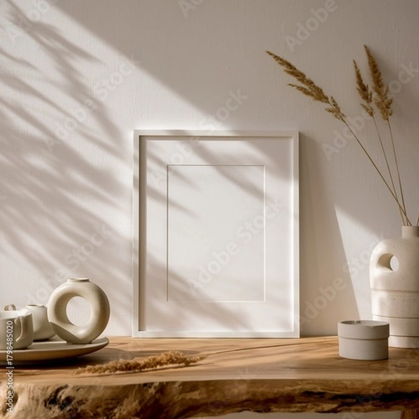 Obraz Minimalist interior scene with white frame, rustic table, and natural light shadows.