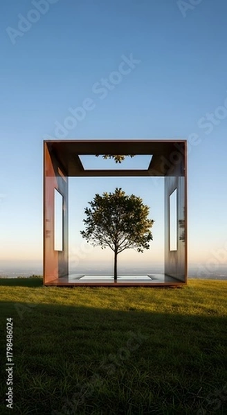 Obraz A modern glass structure with open sides and a central tree inside, set against a clear blue sky during daytime, showcasing contemporary architecture and nature harmony