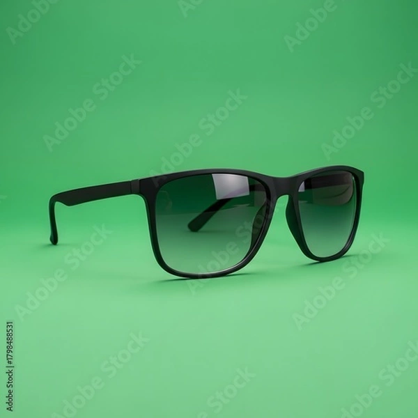 Fototapeta A pair of black sunglasses with dark lenses placed on a vibrant green background for fashion or accessory display