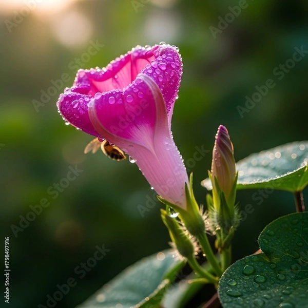 Fototapeta Close-up of a pink and white flower with dewdrops on its petals and leaves, set against a blurred natural background during early morning sunlight