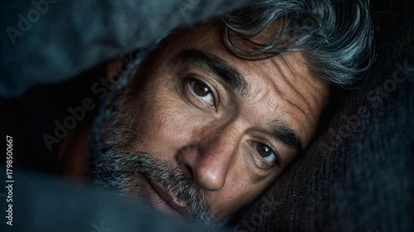 Obraz Introspective Man in Soft Light Amid Cozy Textures at Home