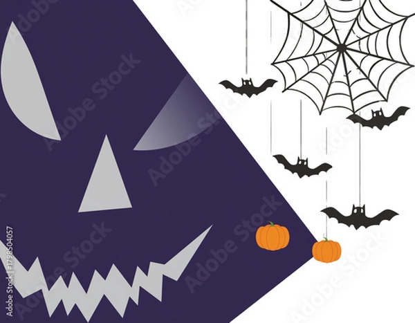Fototapeta  Halloween party background with scary pumpkin face,bats,hanging from top isolated on png or transparent texture,template for poster, brochure, promotion,sale marketing vector