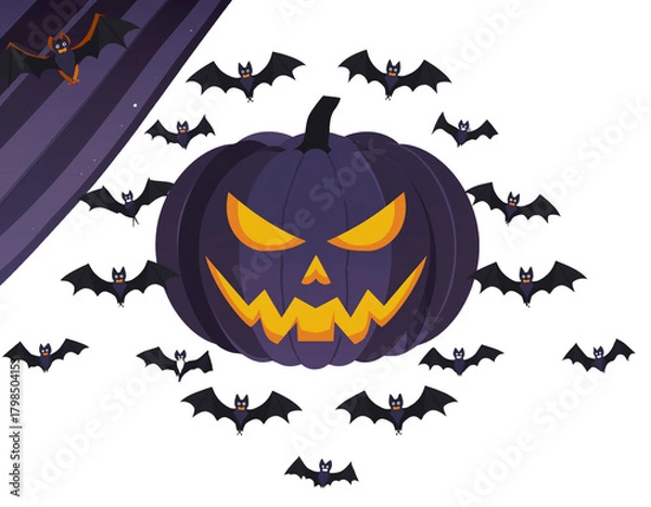 Fototapeta  Halloween party background with scary pumpkin face,bats,hanging from top isolated on png or transparent texture,template for poster, brochure, promotion,sale marketing vector 