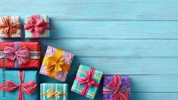 Fototapeta Colorful Gift Boxes Arranged on a Blue Wooden Background