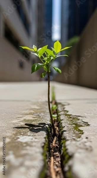 Obraz A young green plant growing through a narrow crack in a concrete surface in an urban environment with tall buildings in the background