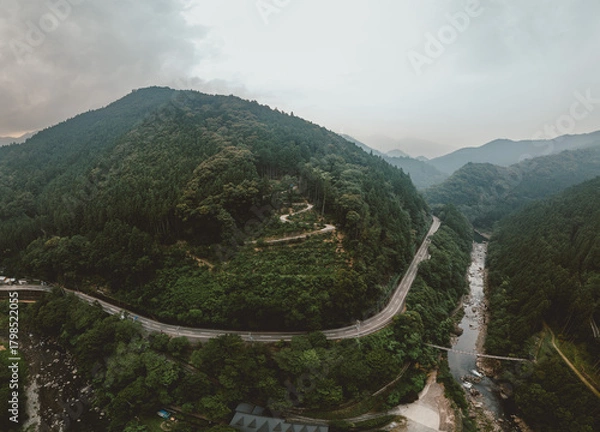 Obraz Aerial view of a winding road through a lush, mountainous landscape. A river flows alongside, framed by dense forests under a cloudy sky. Dramatic and serene.