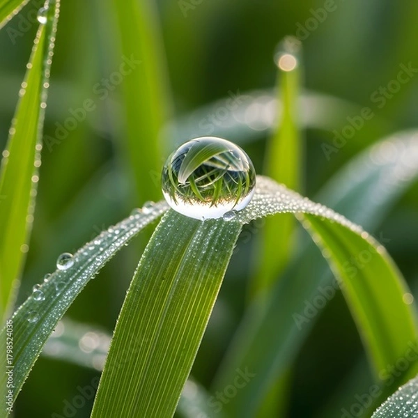 Obraz Close-up of a dew-covered grass blade with a reflective water droplet on top, showcasing vibrant green colors and intricate details in a natural setting